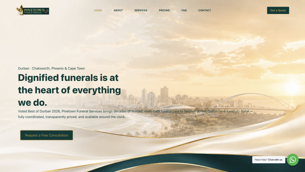 Pinetown Funeral Services Durban website homepage screenshot — built by The Coder SA